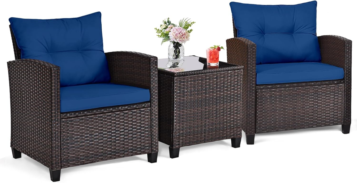 Bistro Table Set - Granatowy, rattanowy, 3-częściowy zestaw bistro na